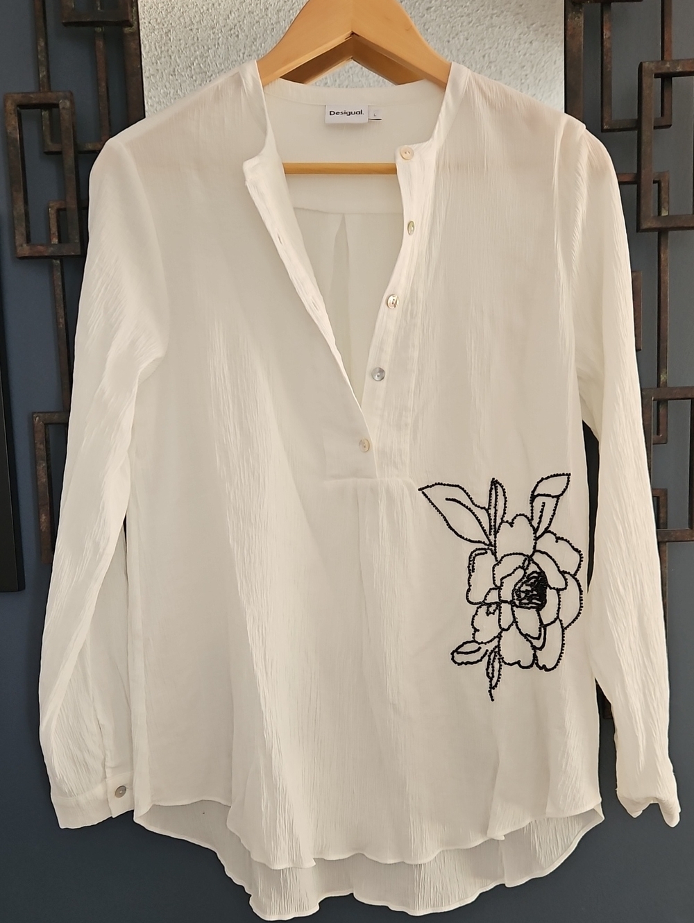 Desigual Size L White Blouse Beaded Flower Tunic Summer